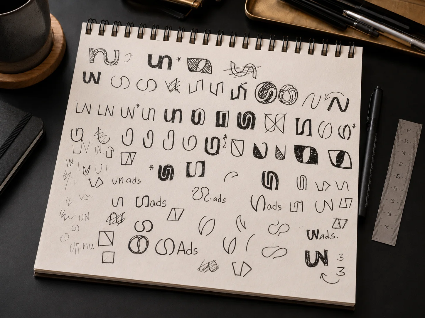 The Unads logo exploration notepad photographed on the studio desk — pages of hand-drawn UN monogram sketches beside pencils and coffee
