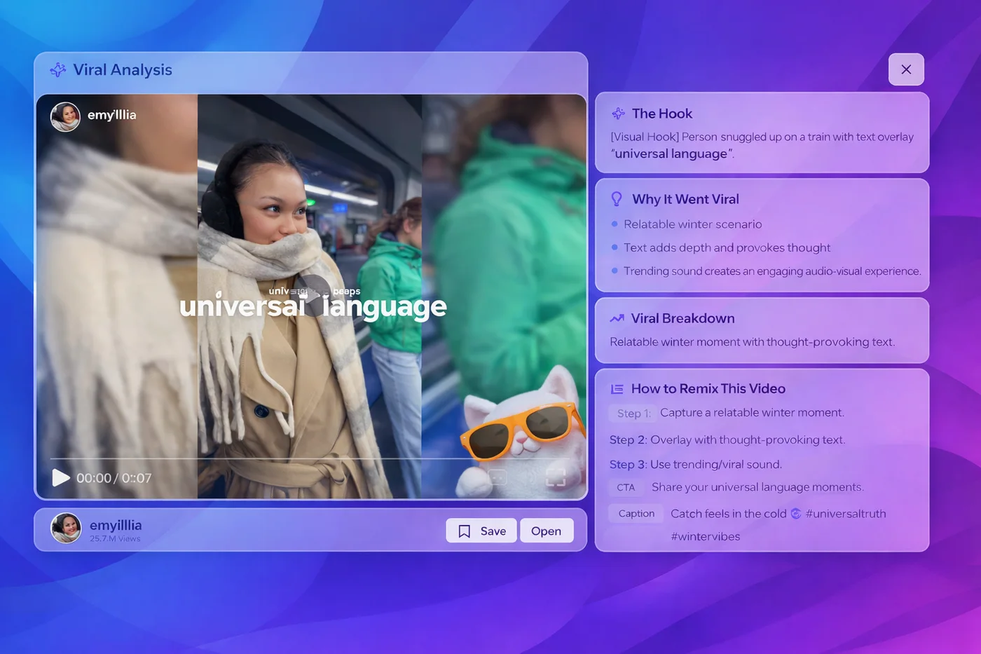 Product poster showing an AI social-video analysis interface over a purple ground