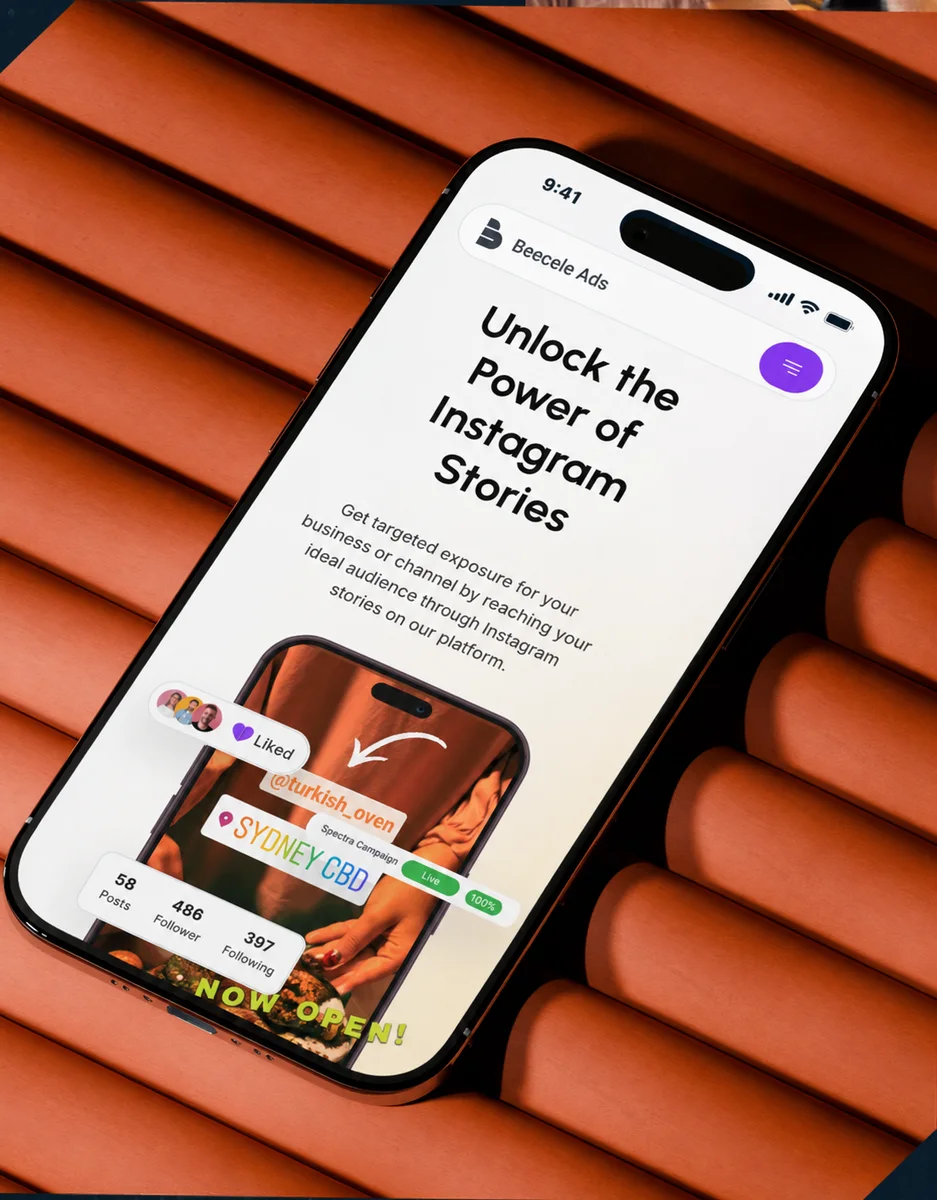 A phone propped on an orange surface showing a Kestaris social story frame